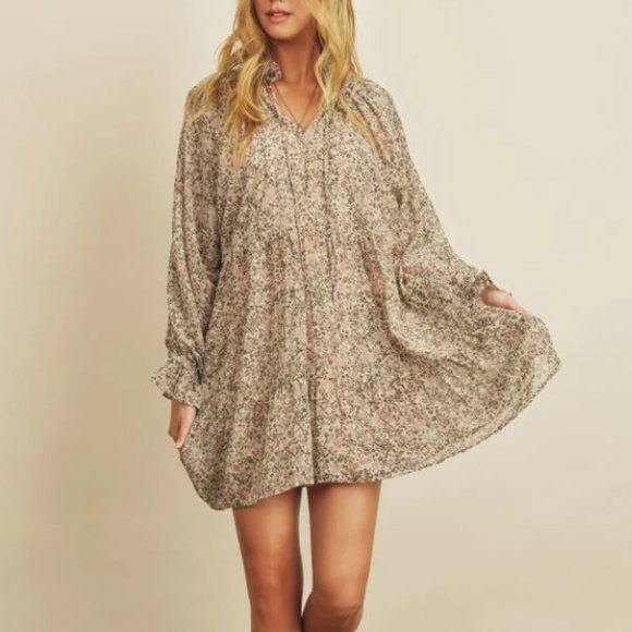 Dress Forum Dresses & Skirts - Dress Forum Tan Floral Tiered Swing Dress With Ruffle Sleeve Cuff